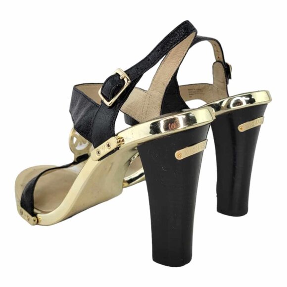 MICHAEL KORS MK LEATHER BLACK - GOLD FULTON T STRAP BLOCK HEELS - Picture 9 of 10